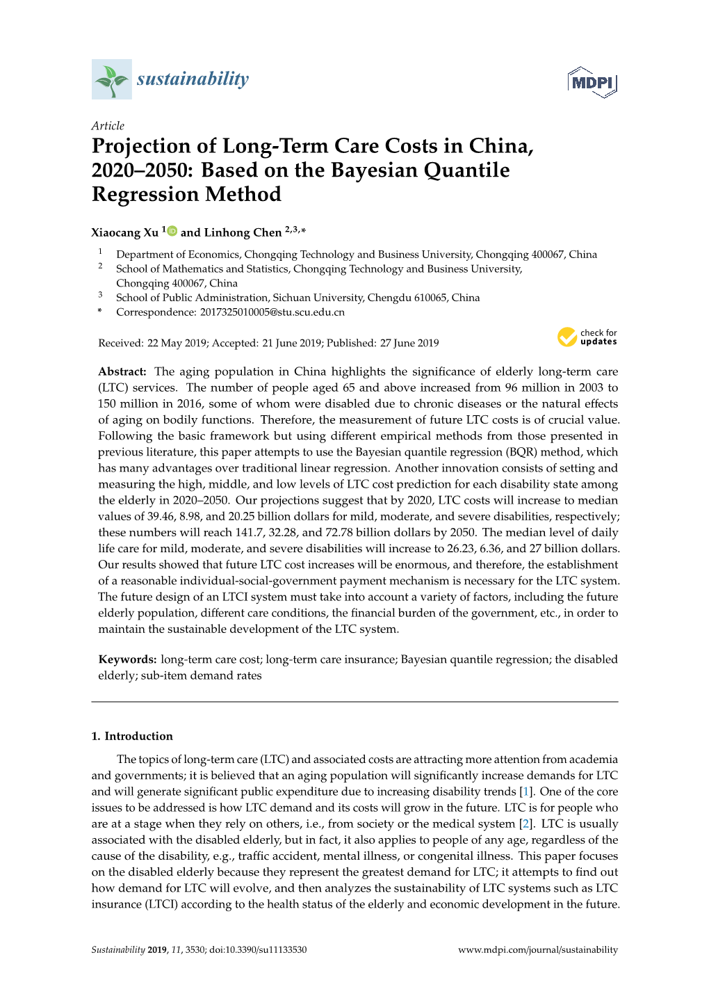 Projection of Long-Term Care Costs in China, 2020–2050: Based on the Bayesian Quantile Regression Method