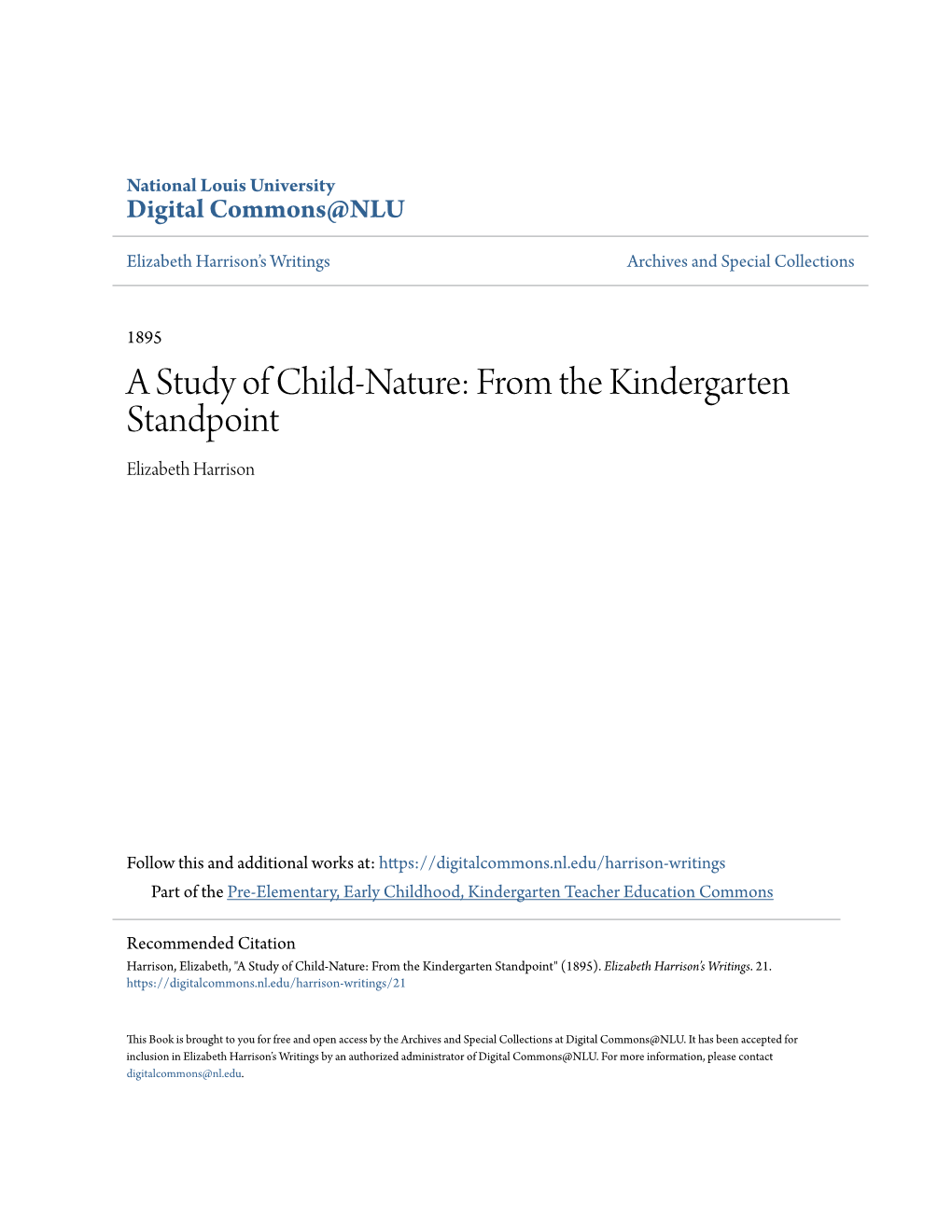 A Study of Child-Nature: from the Kindergarten Standpoint Elizabeth Harrison