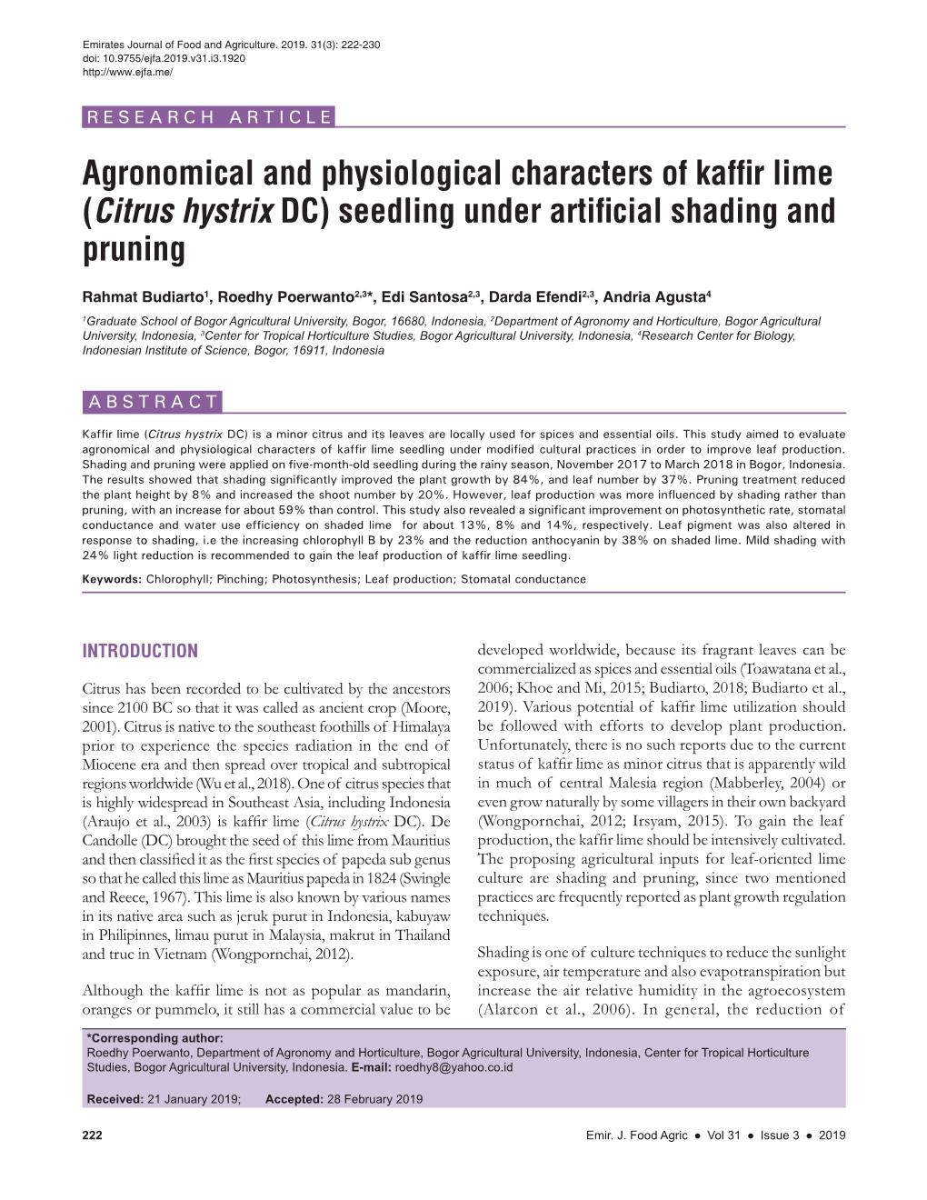 Agronomical and Physiological Characters of Kaffir Lime (Citrus Hystrix DC) Seedling Under Artificial Shading and Pruning