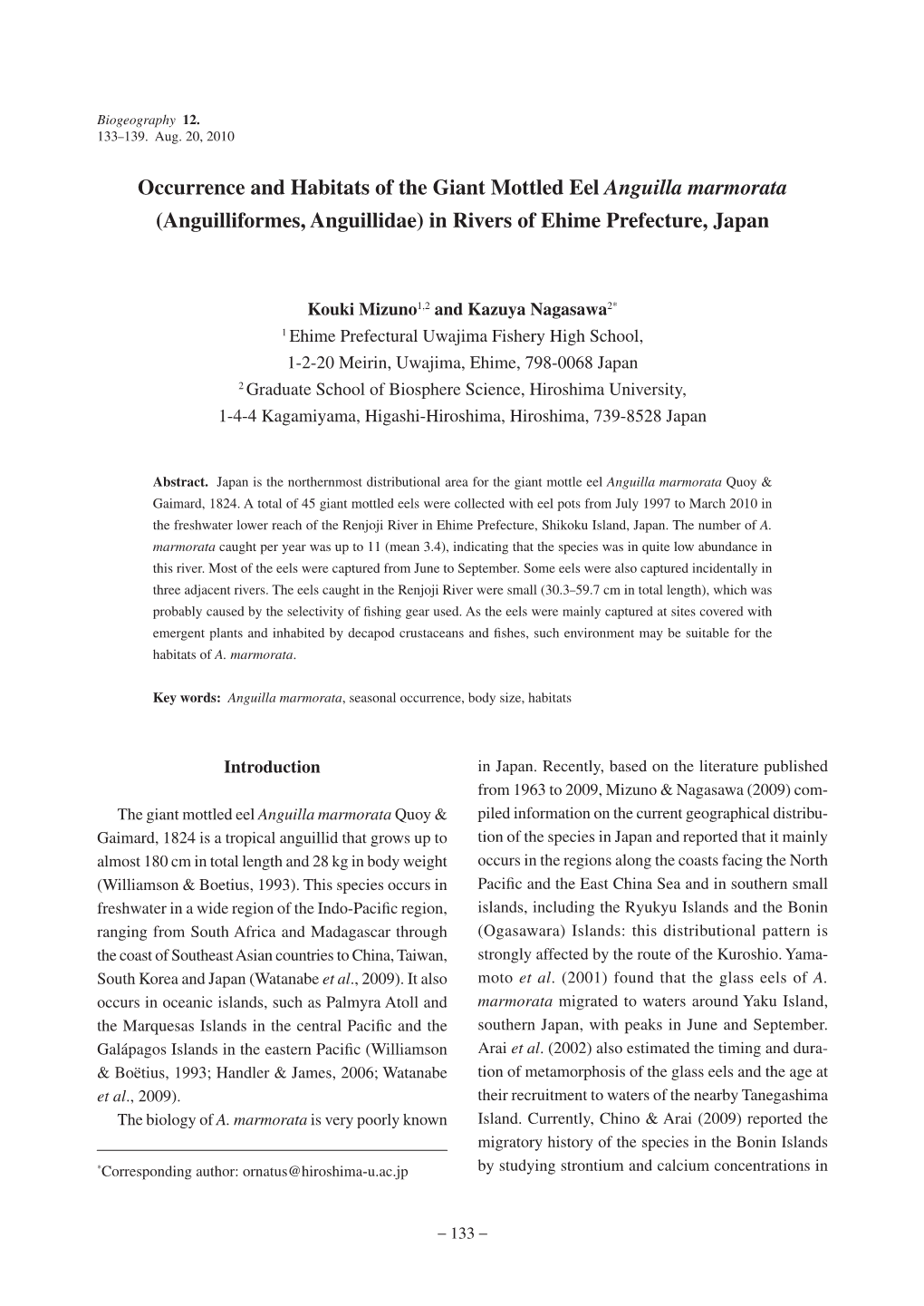 Occurrence and Habitats of the Giant Mottled Eel Anguilla Marmorata (Anguilliformes, Anguillidae) in Rivers of Ehime Prefecture, Japan