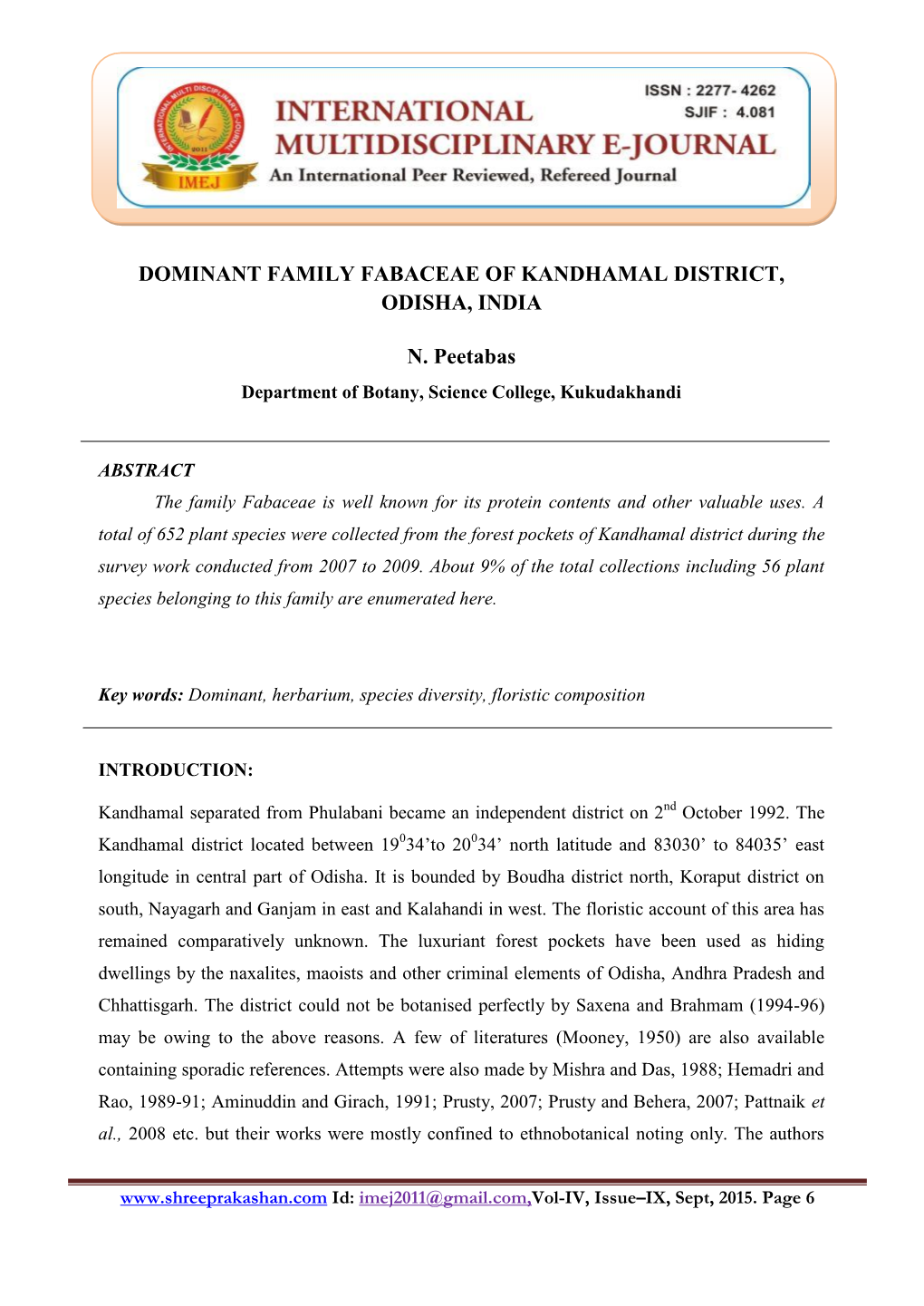 International Multidisciplinary E –Journal. Author: N. Peetabas .( 06 - 11 )