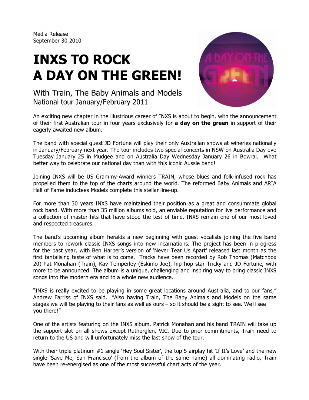 Media Release INXS ADOTG Tour