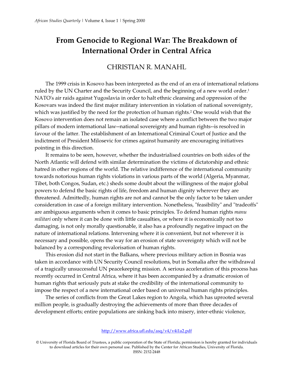 From Genocide to Regional War: the Breakdown of International Order in Central Africa
