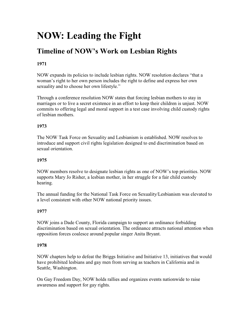 NOW: Leading the Fight Timeline of NOW’S Work on Lesbian Rights