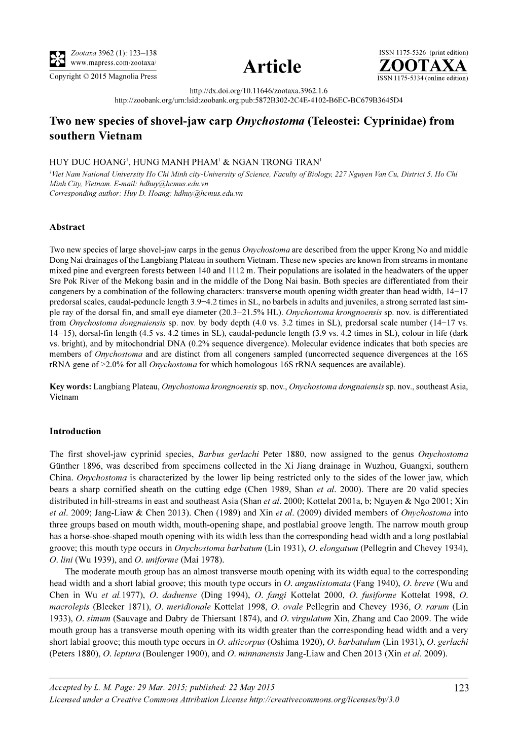 Two New Species of Shovel-Jaw Carp Onychostoma (Teleostei: Cyprinidae) from Southern Vietnam