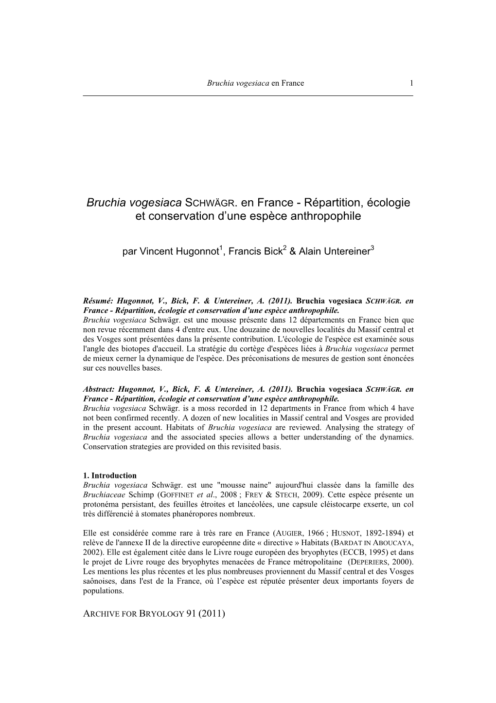 Bruchia Vogesiaca SCHWÄGR. En France - Répartition, Écologie Et Conservation D’Une Espèce Anthropophile