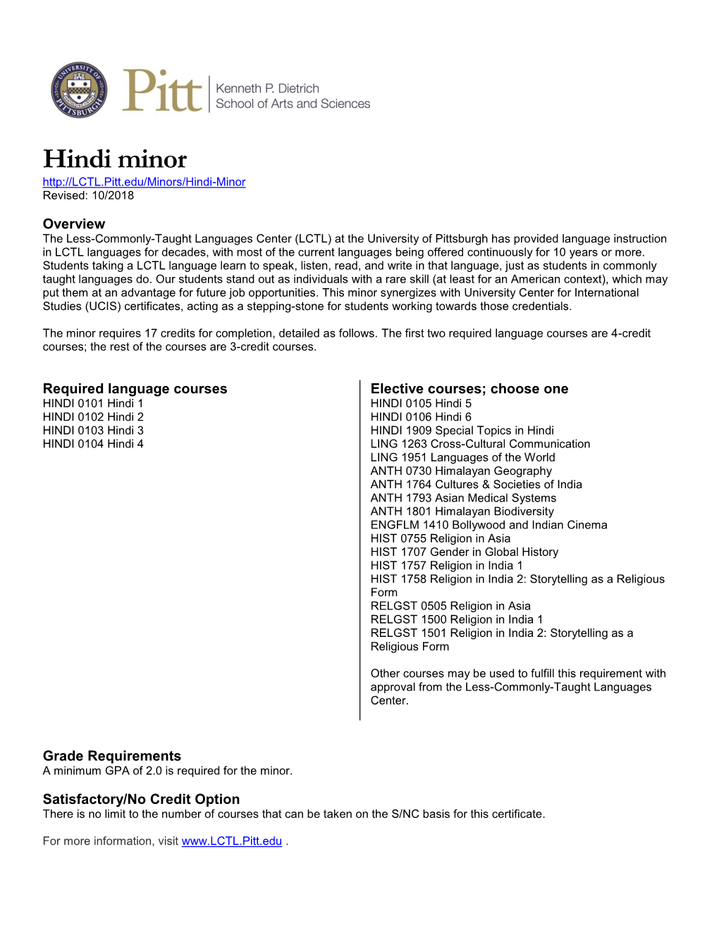 Hindi Minor Revised: 10/2018