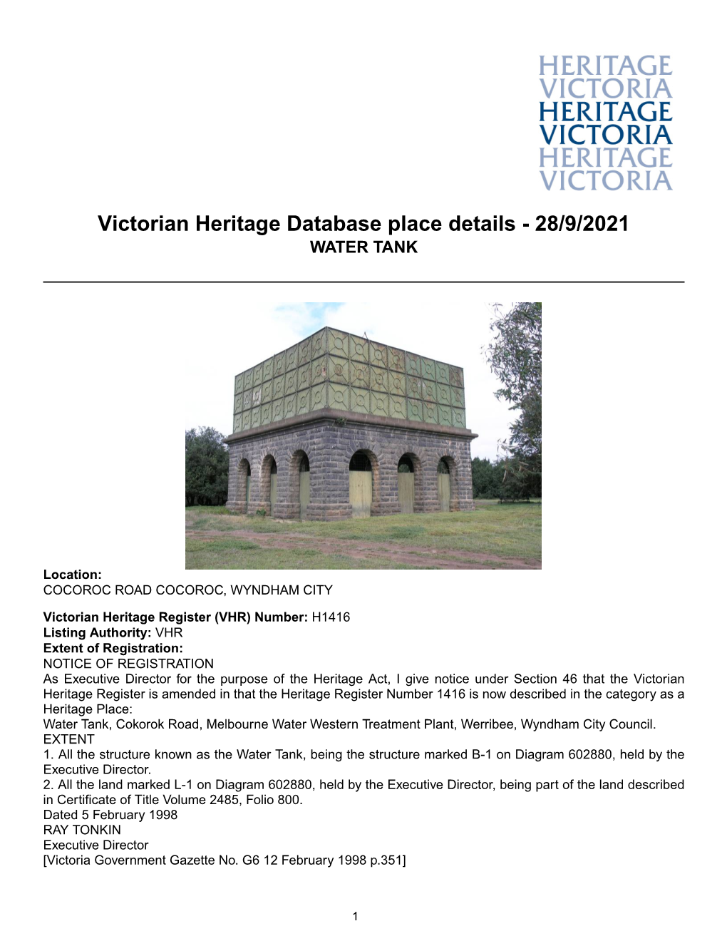 Victorian Heritage Database Place Details - 28/9/2021 WATER TANK