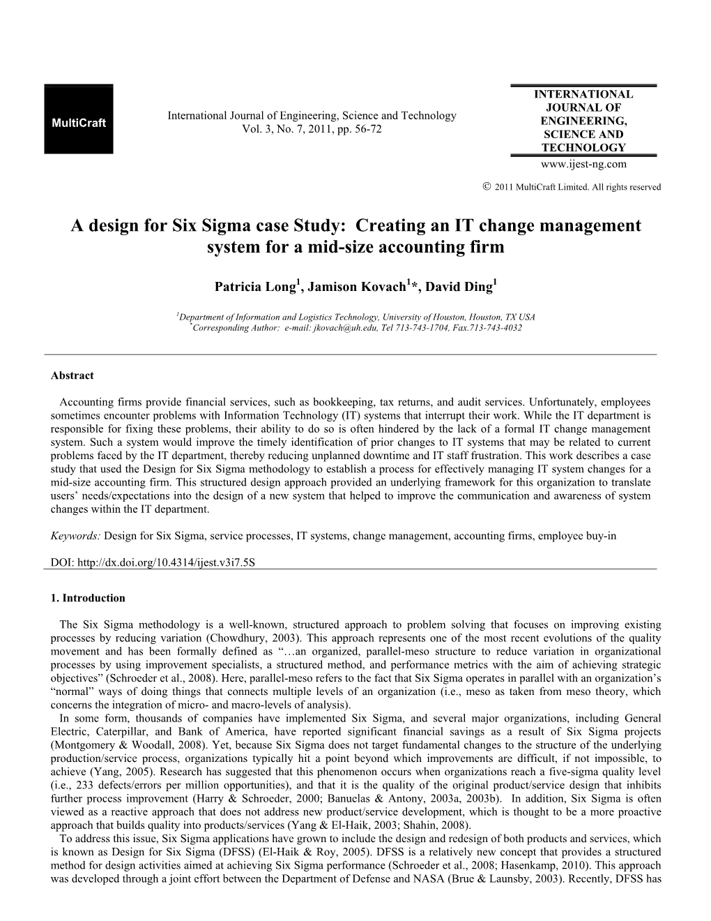 A Design for Six Sigma Case Study: Creating an IT Change Management System for a Mid-Size Accounting Firm