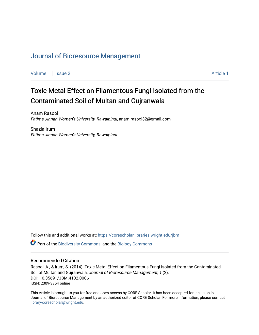 Toxic Metal Effect on Filamentous Fungi Isolated from the Contaminated Soil of Multan and Gujranwala