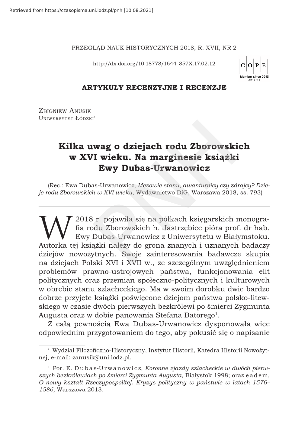 Kilka Uwag O Dziejach Rodu Zborowskich W XVI Wieku. Na Marginesie Książki Ewy Dubas-Urwanowicz