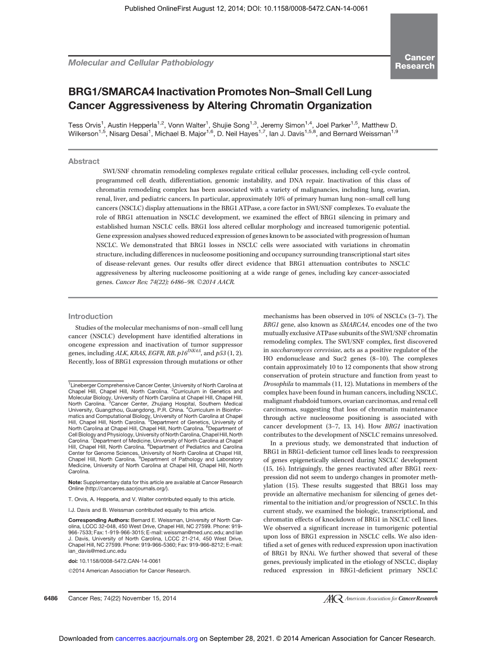 BRG1/SMARCA4 Inactivation Promotes Non–Small Cell Lung Cancer Aggressiveness by Altering Chromatin Organization