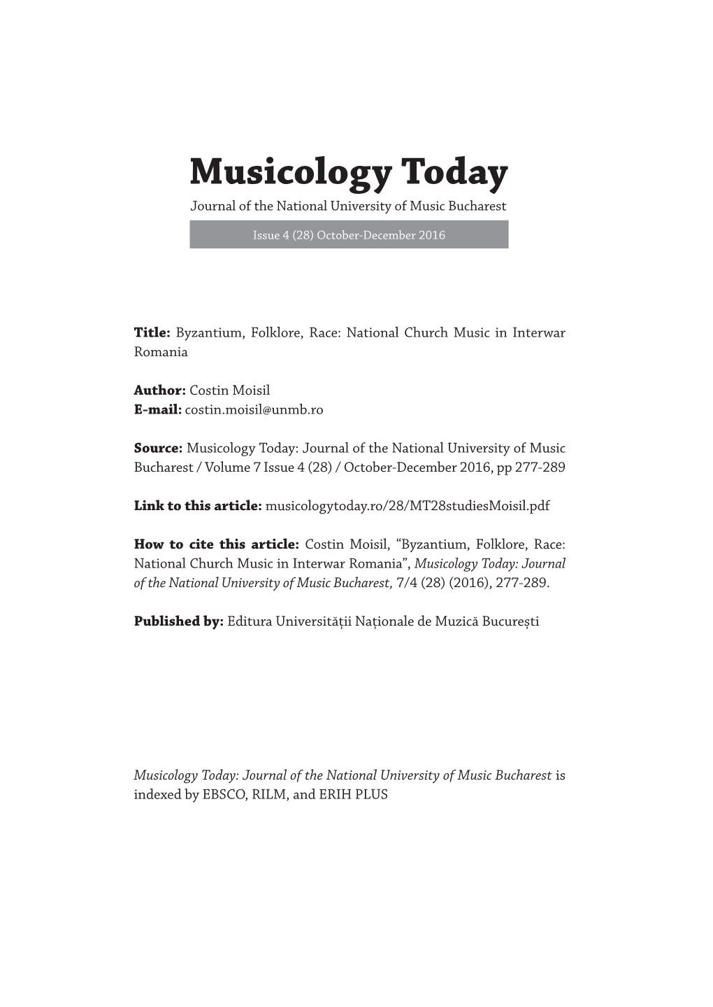 Musicology Today Journal of the National University of Music Bucharest