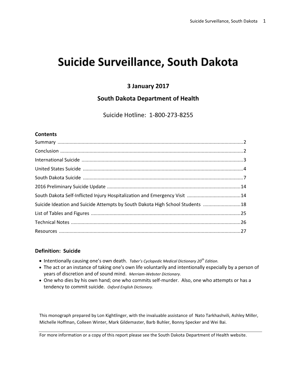 3 January 2017 South Dakota Department of Health Suicide Hotline