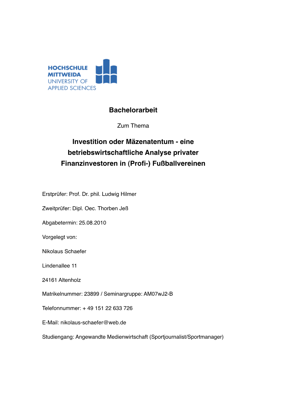 Bachelorarbeit Investition Oder Mäzenatentum