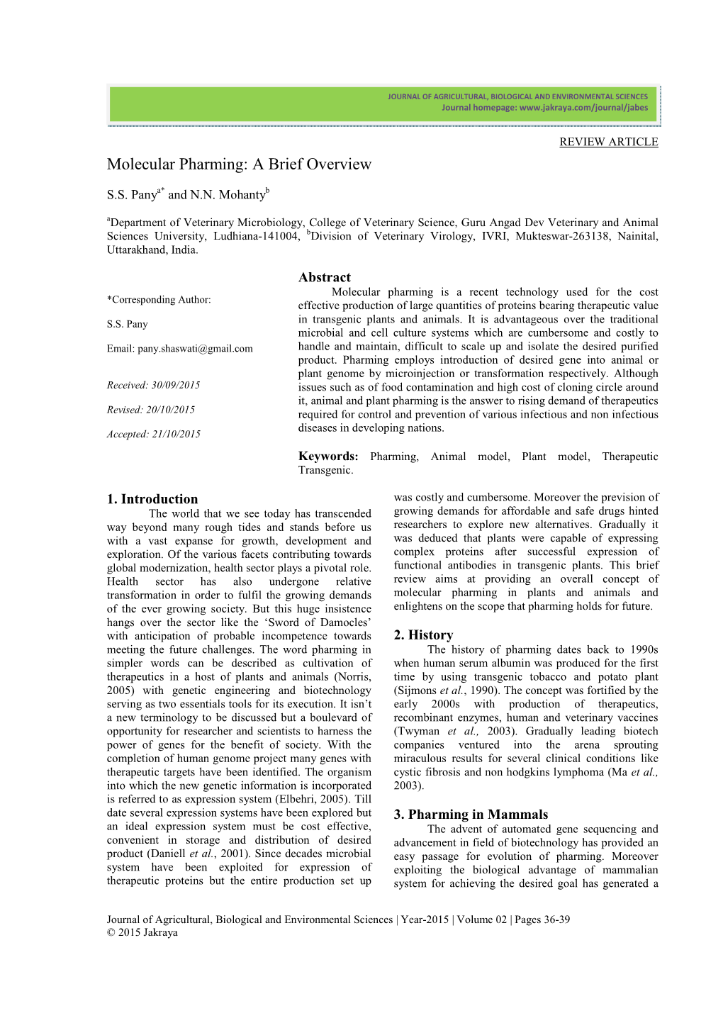 Molecular Pharming: a Brief Overview