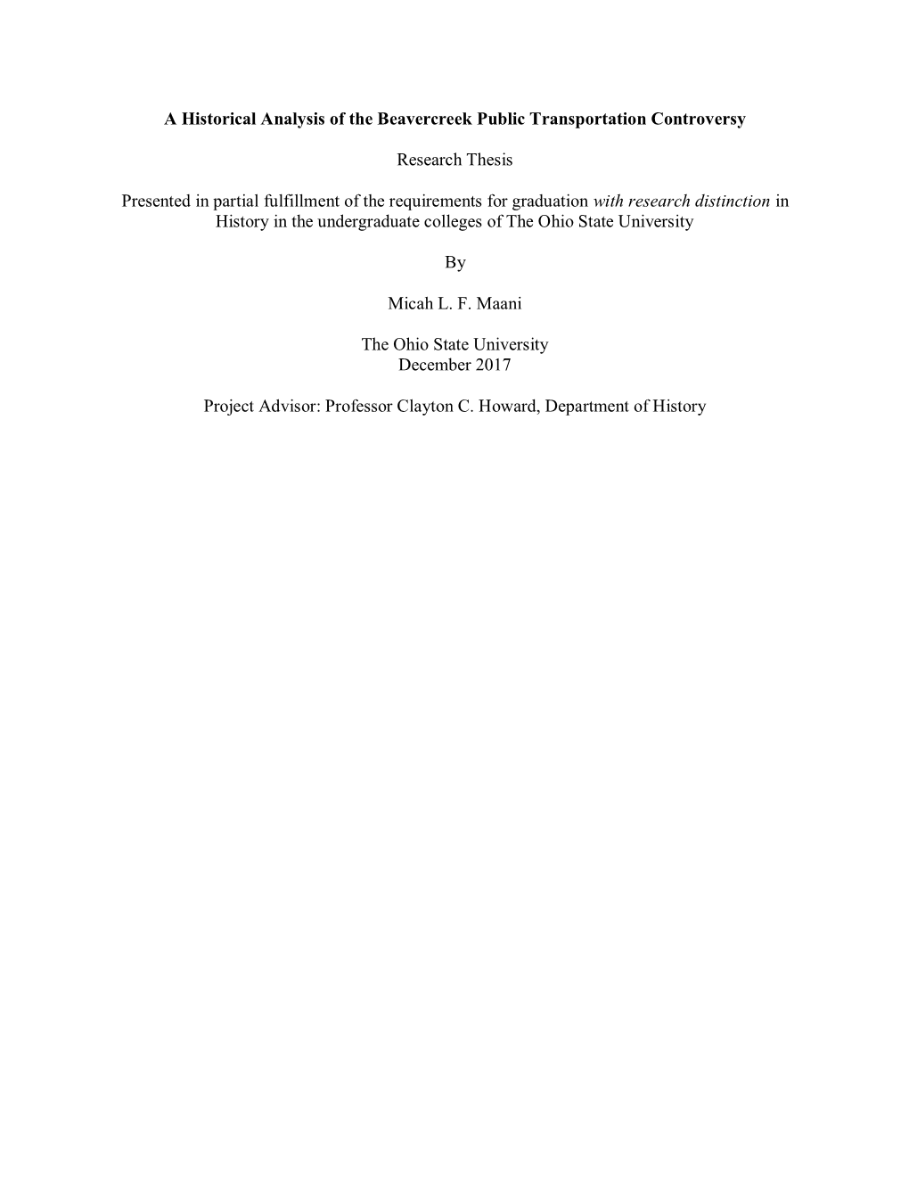 A Historical Analysis of the Beavercreek Public Transportation Controversy Research Thesis Presented in Partial Fulfillment of T