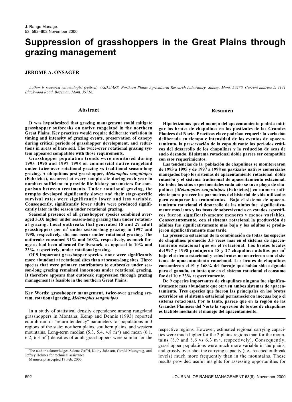 Suppression of Grasshoppers in the Great Plains Through Grazing Management