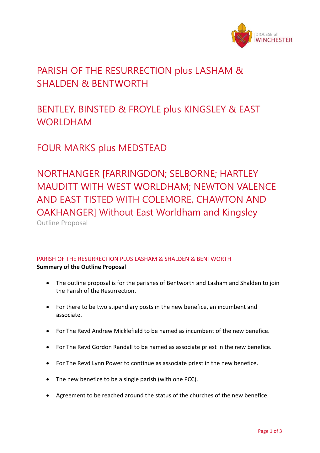 PARISH of the RESURRECTION Plus LASHAM & SHALDEN & BENTWORTH BENTLEY, BINSTED & FROYLE Plus KINGSLEY & EAST WORL