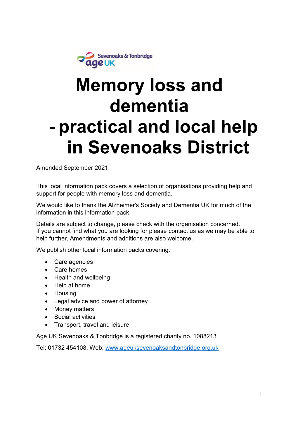 Memory Loss and Dementia - Practical and Local Help in Sevenoaks District