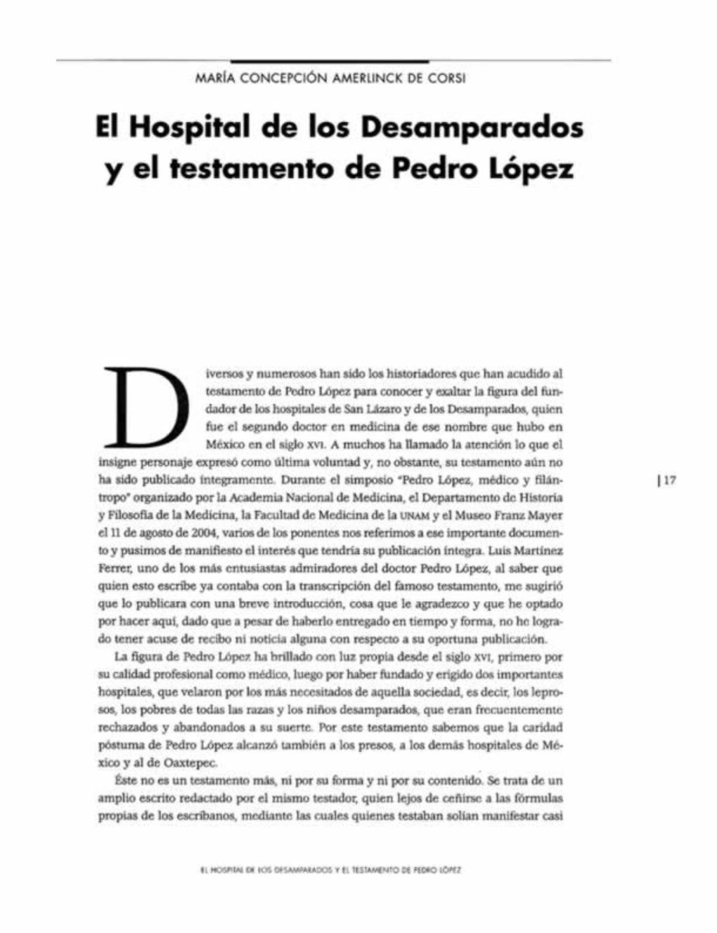 El Hospital De Los Desamparados Y El Testamento De Pedro Lópex