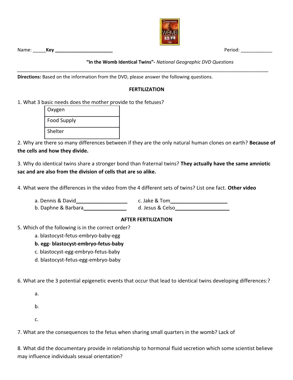 Worksheet in the Womb Questions