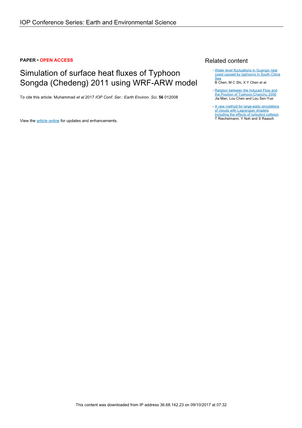 Simulation of Surface Heat Fluxes of Typhoon Songda (Chedeng) 2011 Using WRF-ARW Model