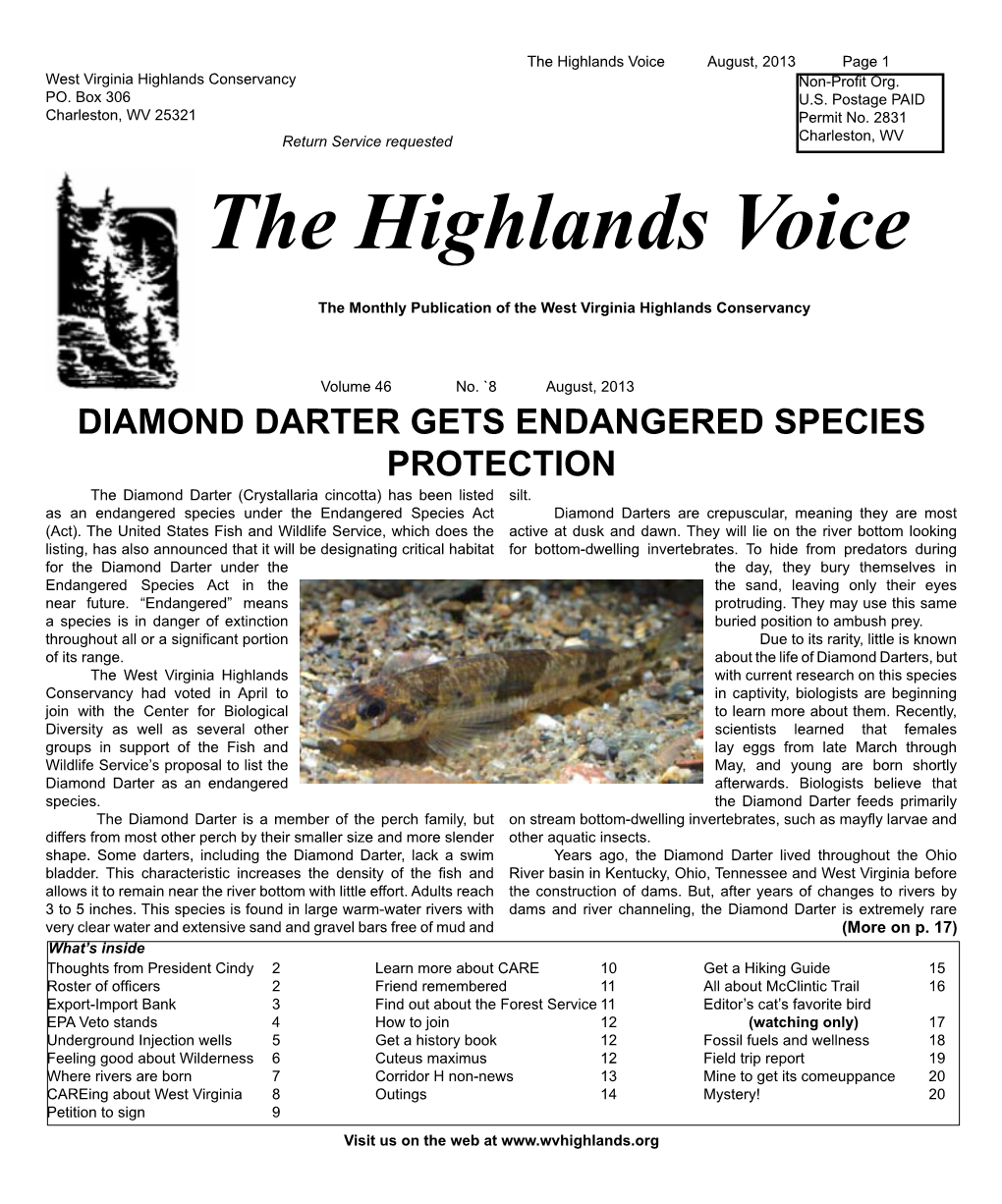 The Highlands Voice August, 2013 Page 1 West Virginia Highlands Conservancy Non-Profit Org