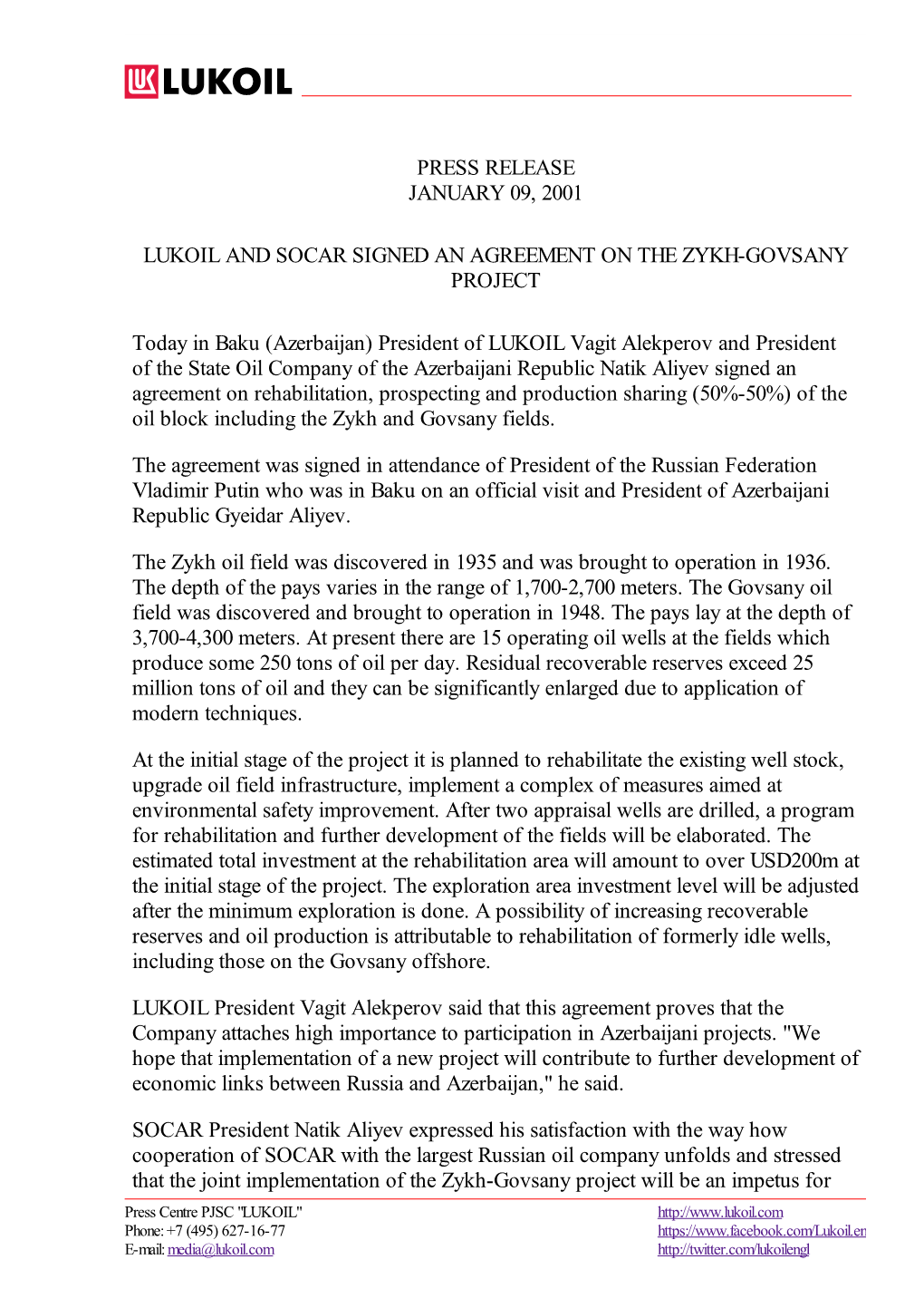 Press Release January 09, 2001 Lukoil and Socar