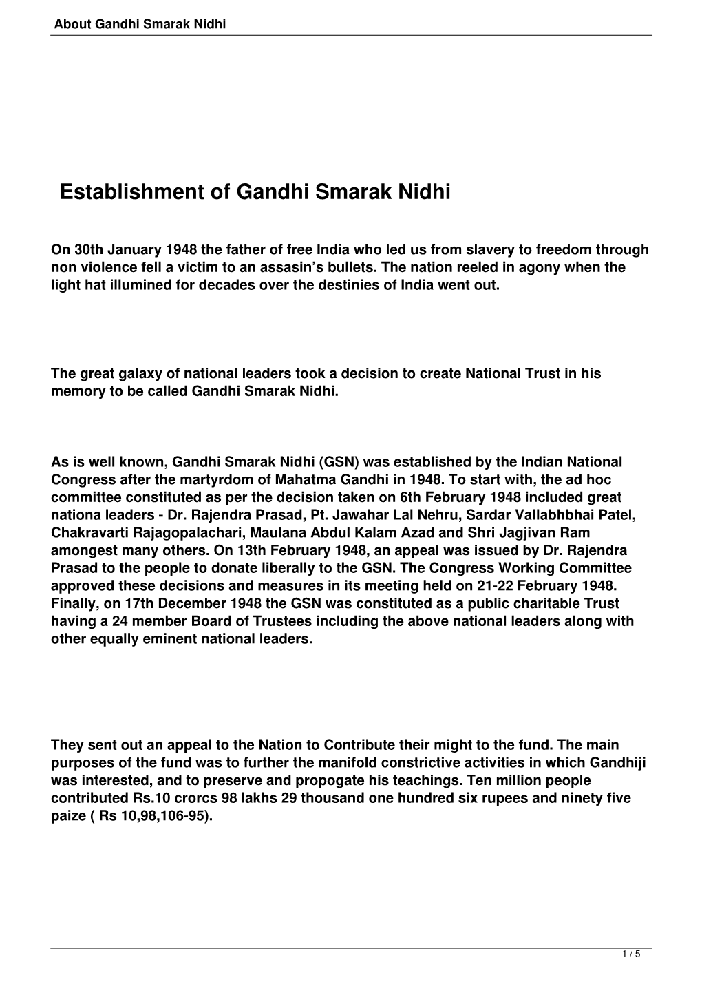 Establishment of Gandhi Smarak Nidhi