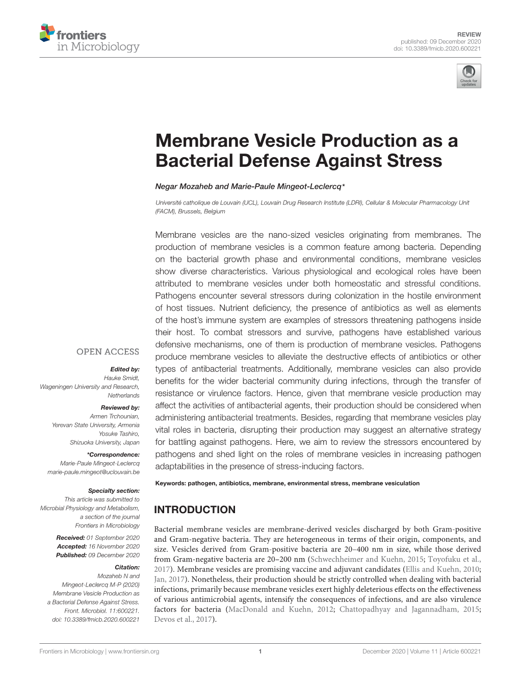 Membrane Vesicle Production As a Bacterial Defense Against Stress