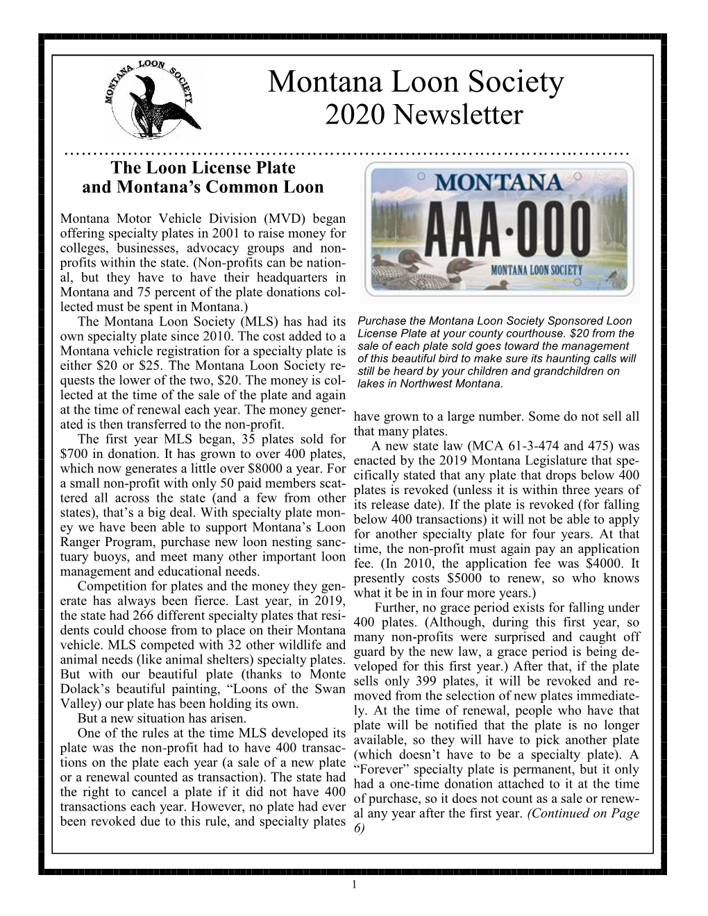 Montana Loon Society 2020 Newsletter