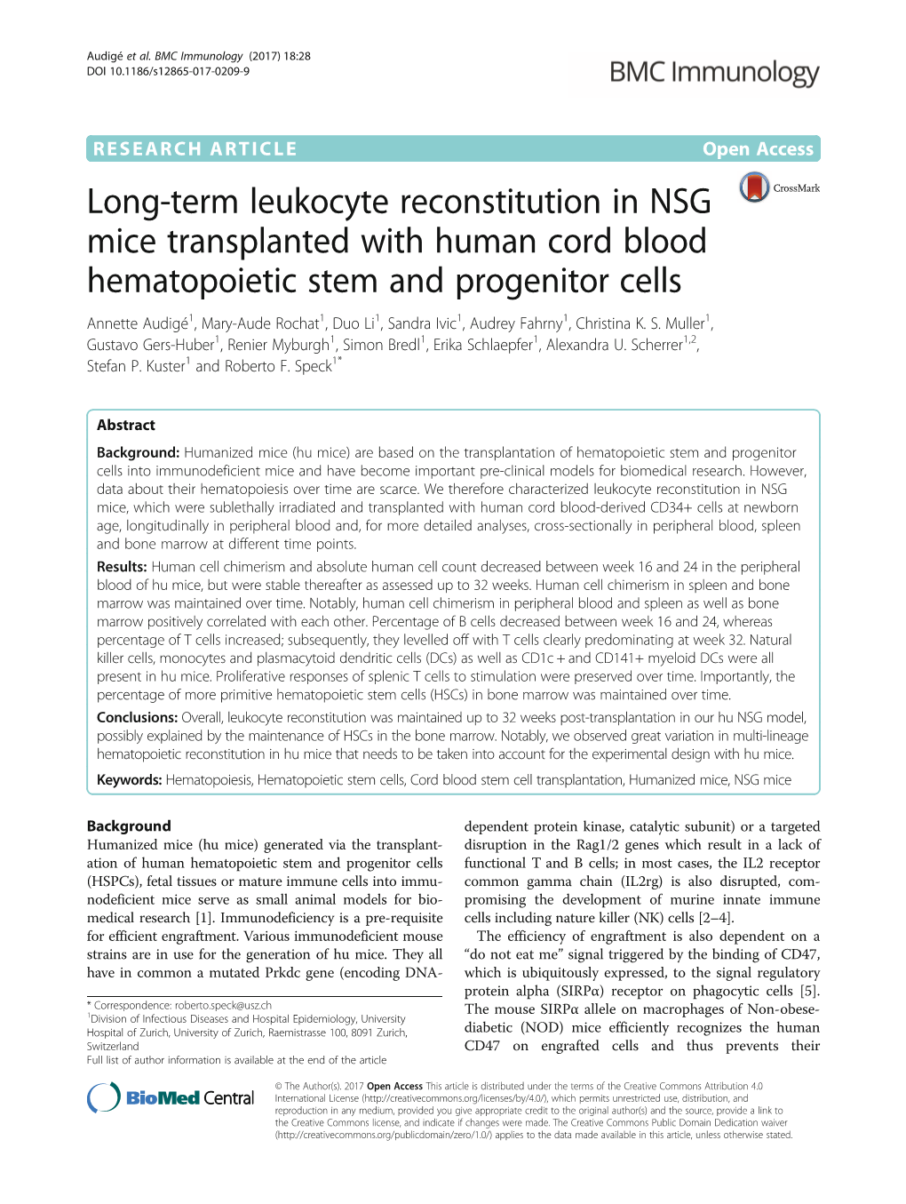 Long-Term Leukocyte Reconstitution in NSG Mice Transplanted with Human