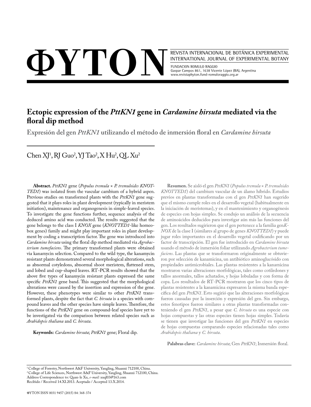 Ectopic Expression of the Pttkn1 Gene in Cardamine Hirsuta Mediated Via
