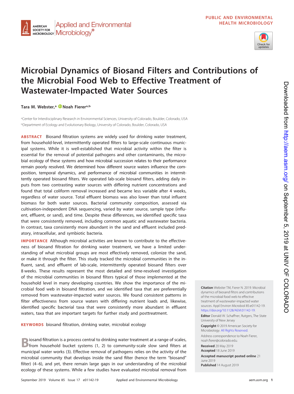 Microbial Dynamics of Biosand Filters and Contributions of the Microbial Food Web to Effective Treatment of Downloaded from Wastewater-Impacted Water Sources