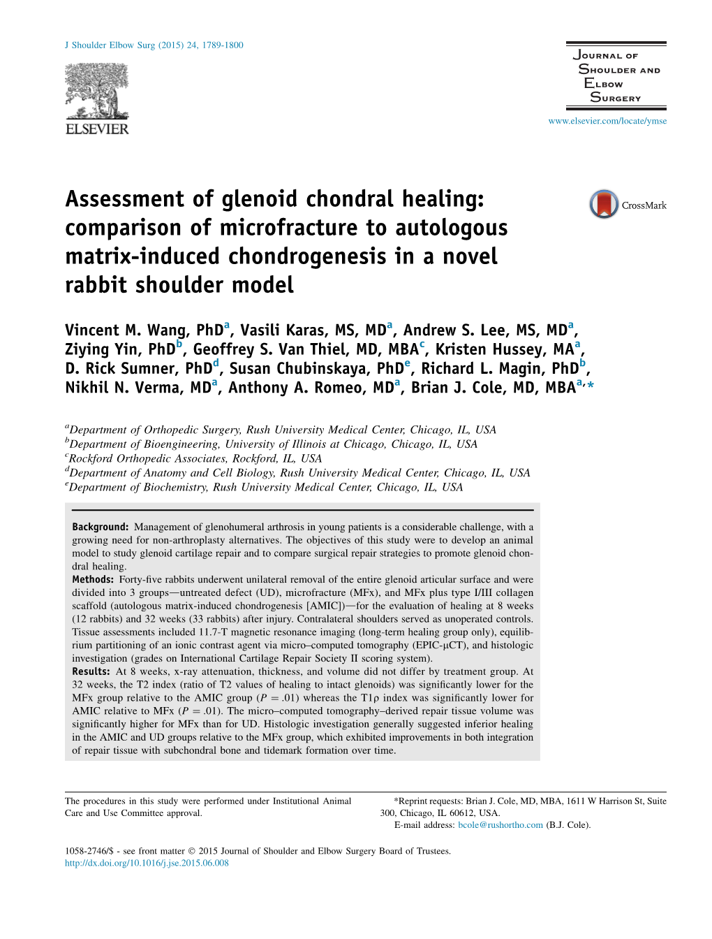 Assessment of Glenoid Chondral Healing: Comparison of Microfracture to Autologous Matrix-Induced Chondrogenesis in a Novel Rabbit Shoulder Model