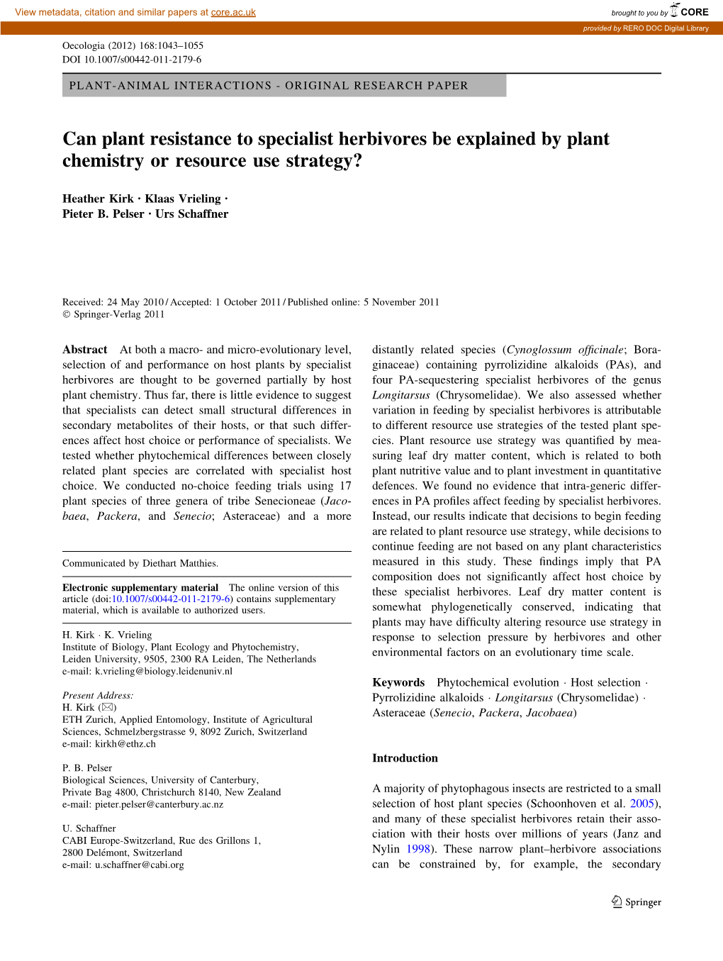 Can Plant Resistance to Specialist Herbivores Be Explained by Plant Chemistry Or Resource Use Strategy?