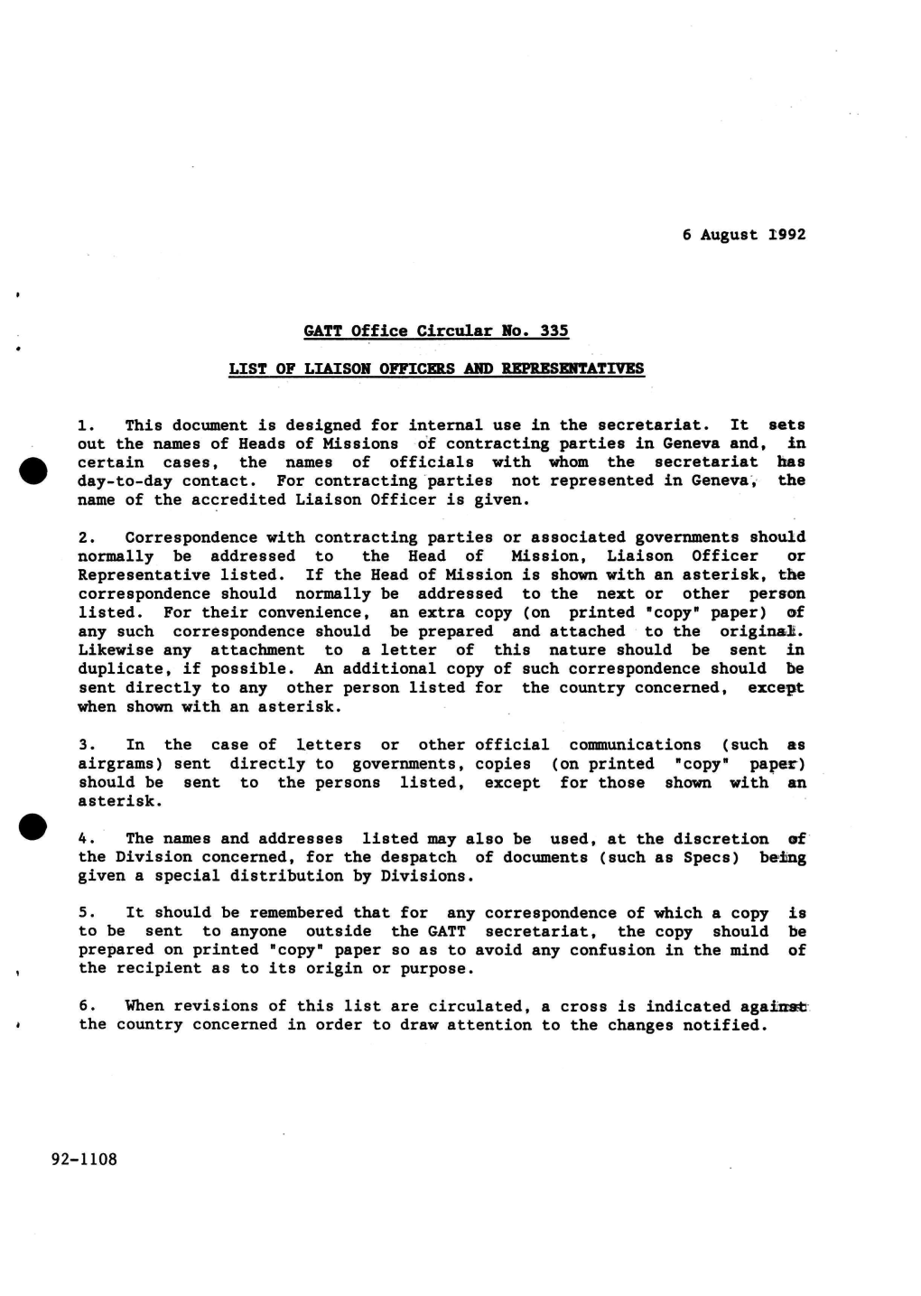 6 August 1992 GATT Office Circular No. 335 LIST of LIAISON