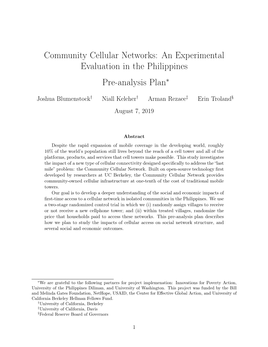 Community Cellular Networks: an Experimental Evaluation in the Philippines Pre-Analysis Plan∗