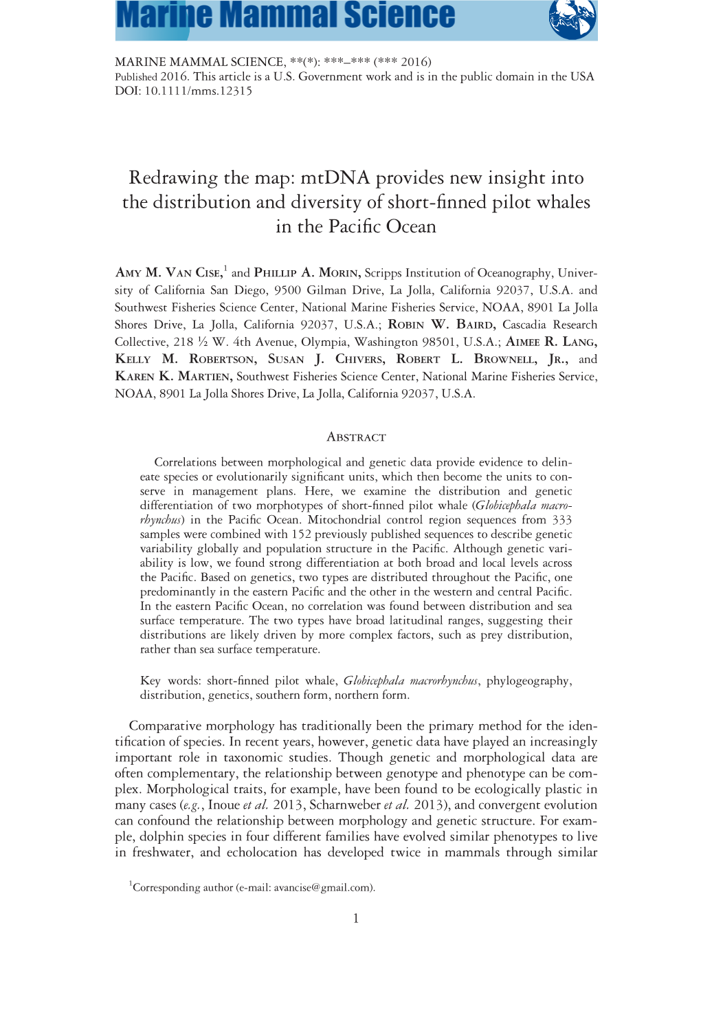 Redrawing the Map: Mtdna Provides New Insight Into the Distribution and Diversity of Short‐Finned Pilot Whales In