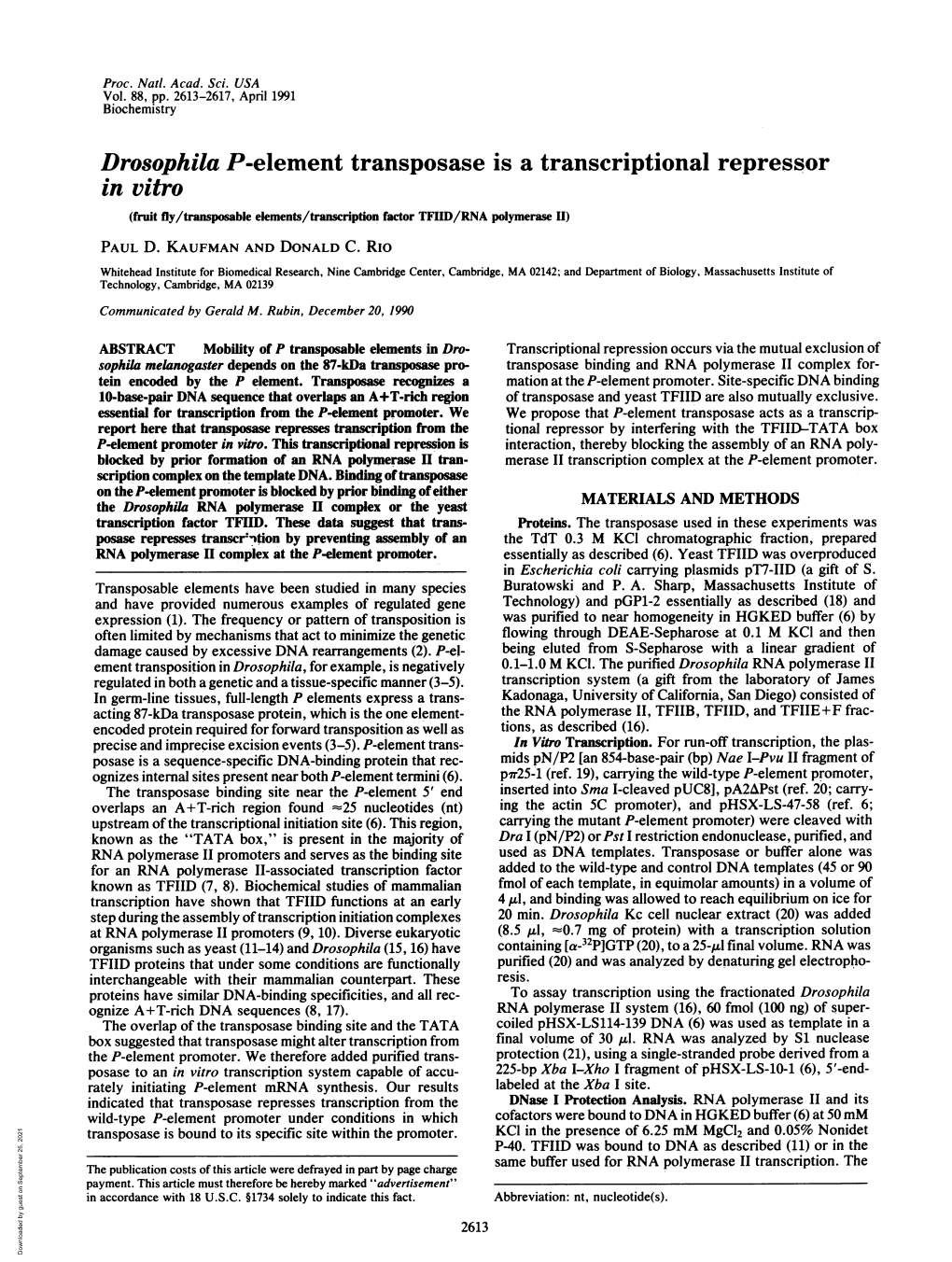 Drosophila P-Element Transposase Is a Transcriptional Repressor in Vitro (Fruit Fly/Transposable Elements/Transcription Factor TFIID/RNA Polymerase H) PAUL D