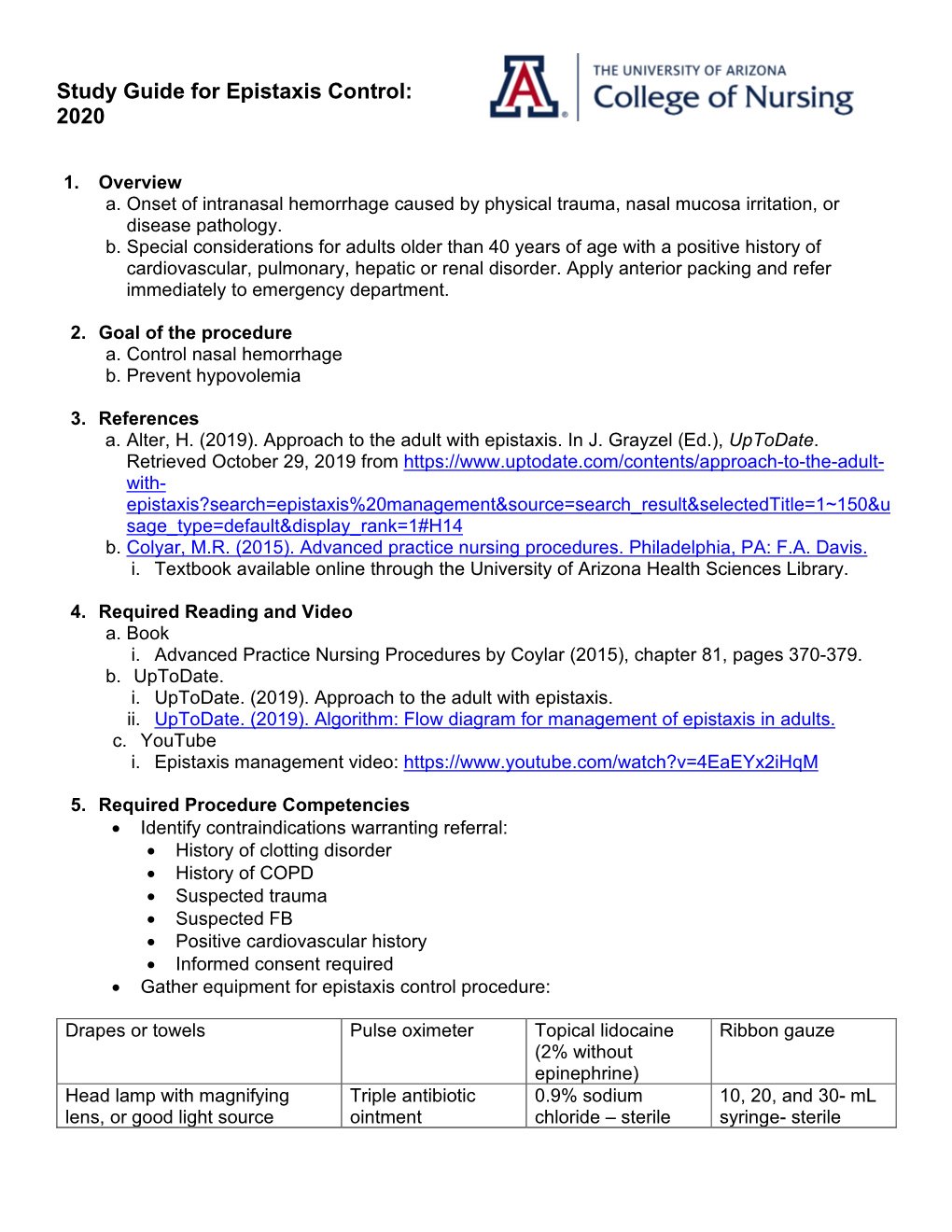 Study Guide for Epistaxis Control: 2020