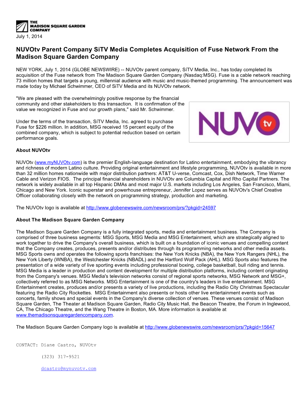 Nuvotv Parent Company Sitv Media Completes Acquisition of Fuse Network from the Madison Square Garden Company