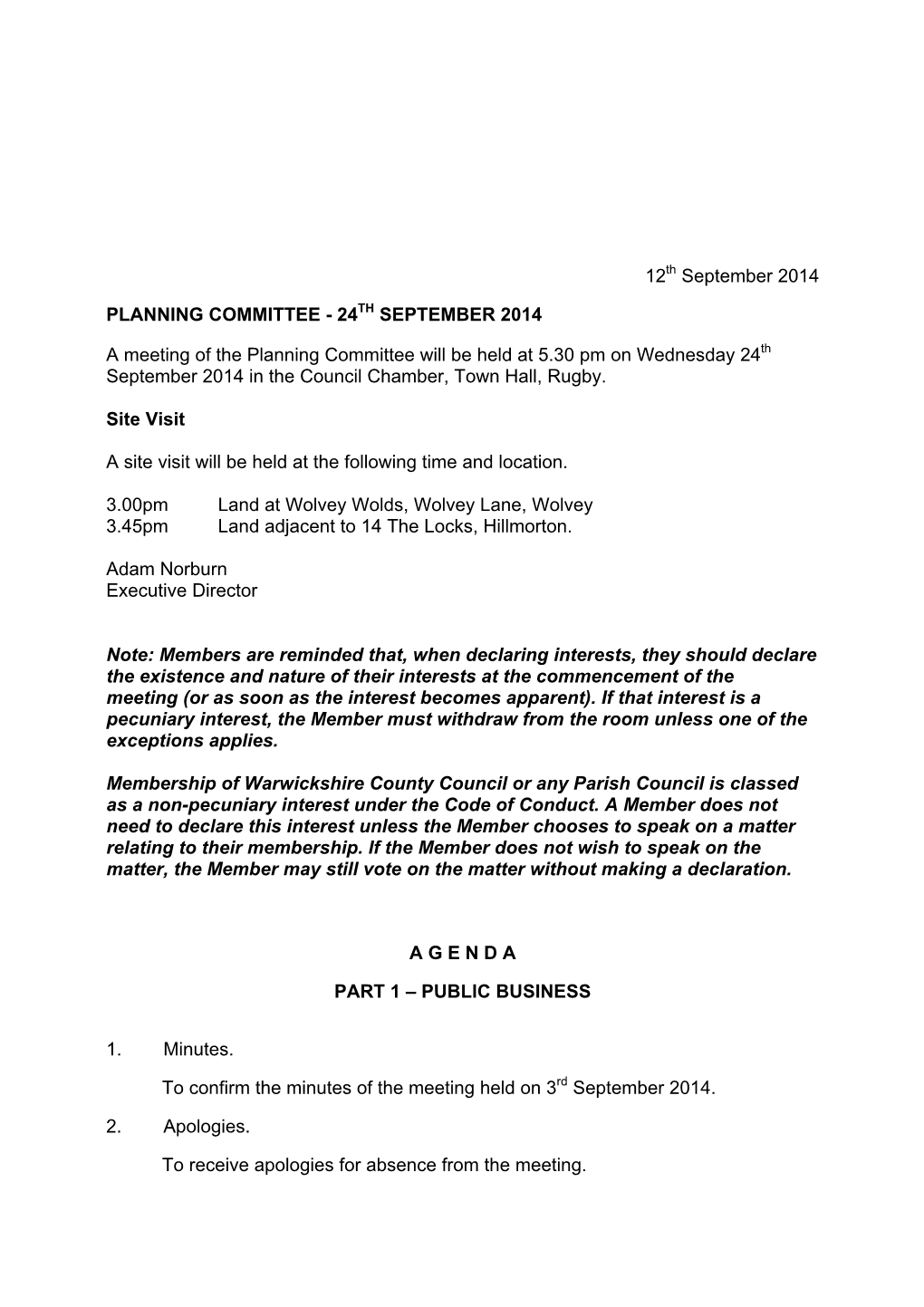 Planning Committee 24 September 2014 Agenda Part 1 Only