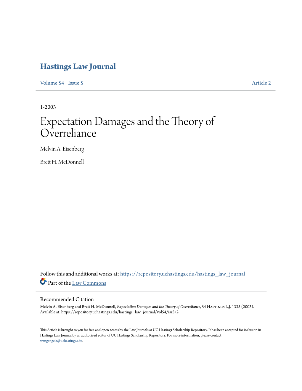 Expectation Damages and the Theory of Overreliance Melvin A