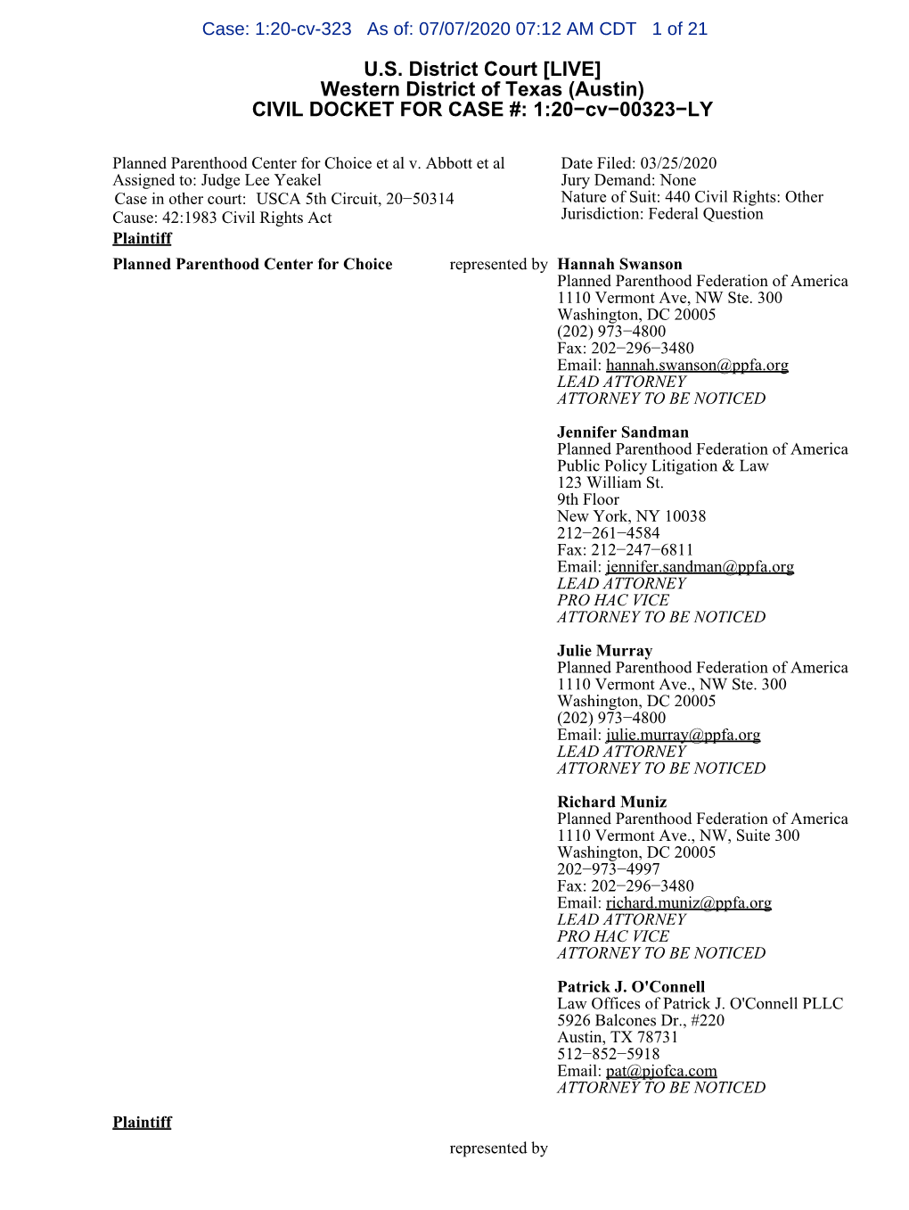 U.S. District Court [LIVE] Western District of Texas (Austin) CIVIL DOCKET for CASE #: 1:20−Cv−00323−LY