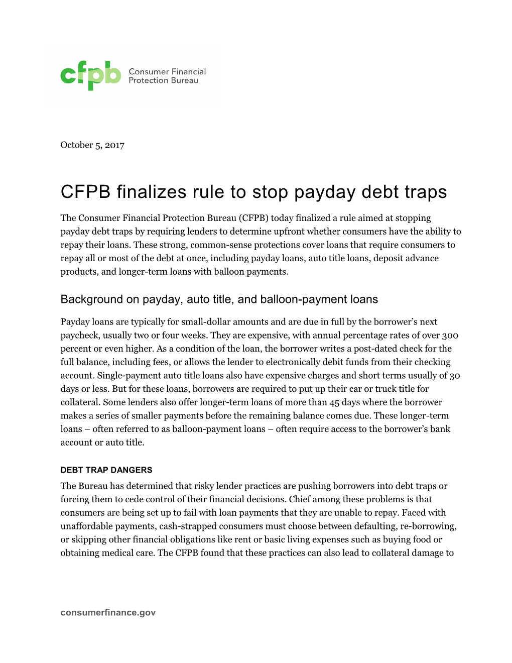 CFPB Finalizes Rule to Stop Payday Debt Traps
