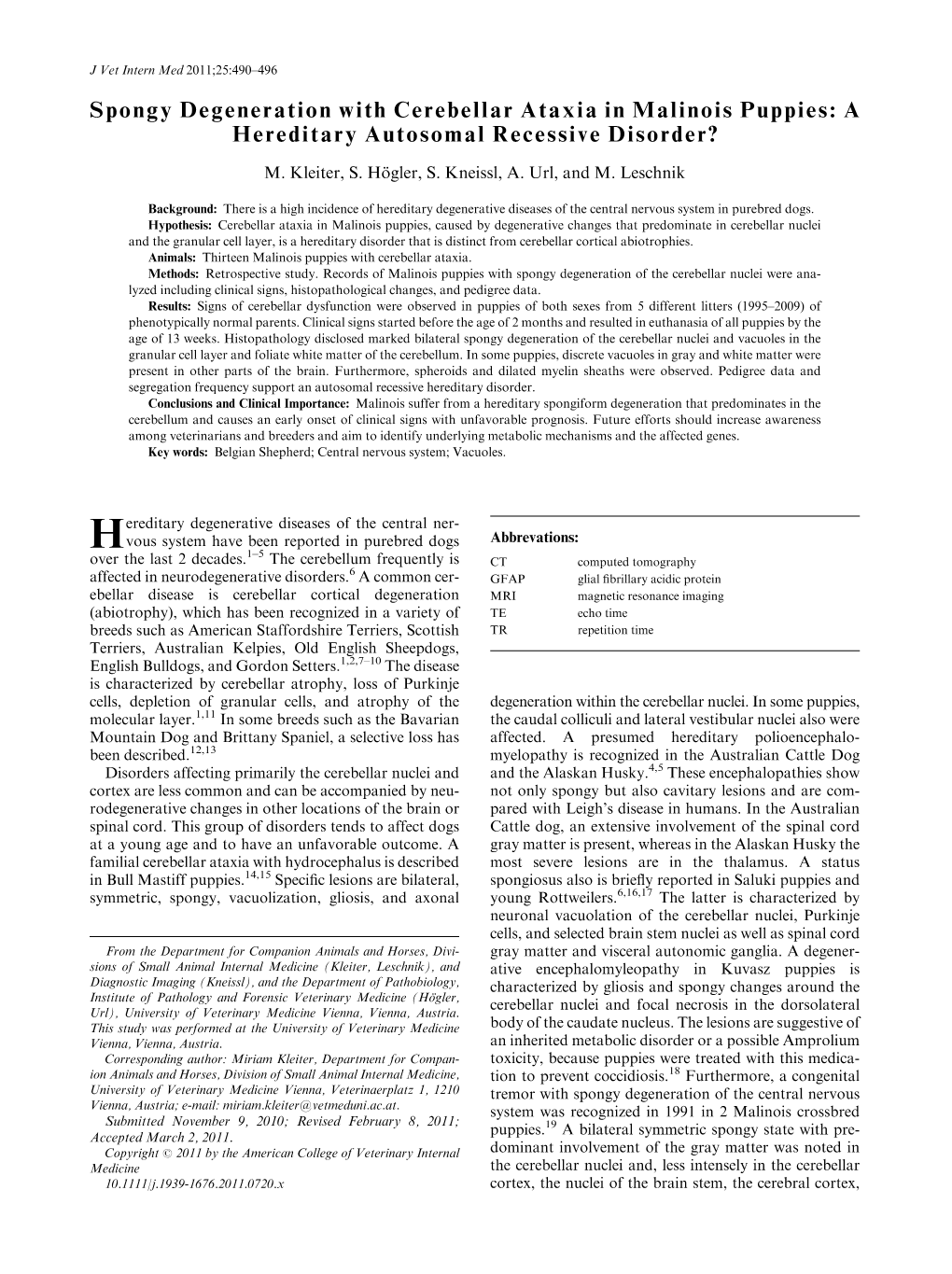 Spongy Degeneration with Cerebellar Ataxia in Malinois Puppies: a Hereditary Autosomal Recessive Disorder?