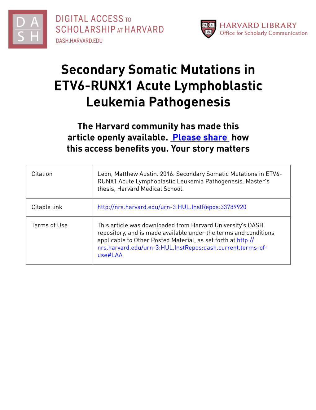 Secondary Somatic Mutations in ETV6-RUNX1 Acute Lymphoblastic Leukemia Pathogenesis