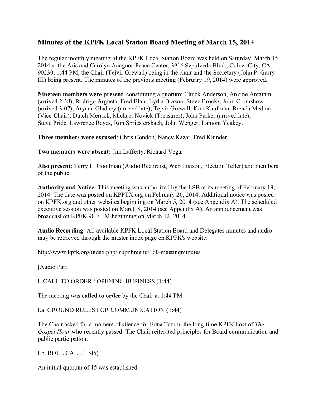 Minutes of the KPFK Local Station Board Meeting of March 15, 2014